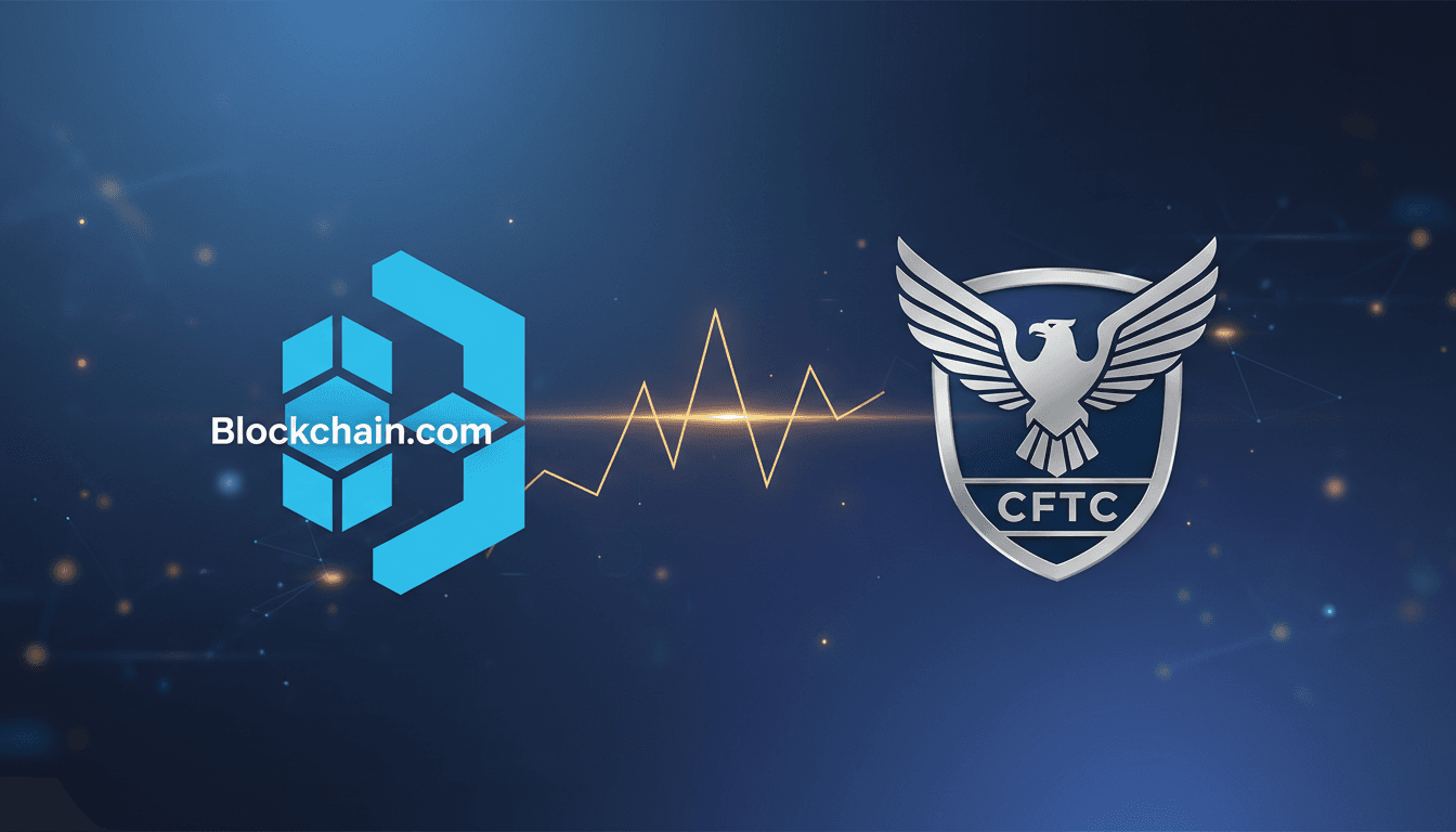 Blockchain.com logo with CFTC emblem, highlighting new prediction markets and crypto derivatives offerings.
