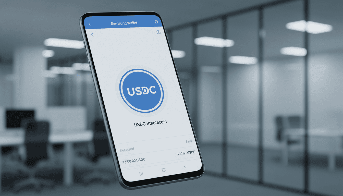 A smartphone showcasing Samsung Wallet with USDC integration, highlighting the evolution of mobile finance.