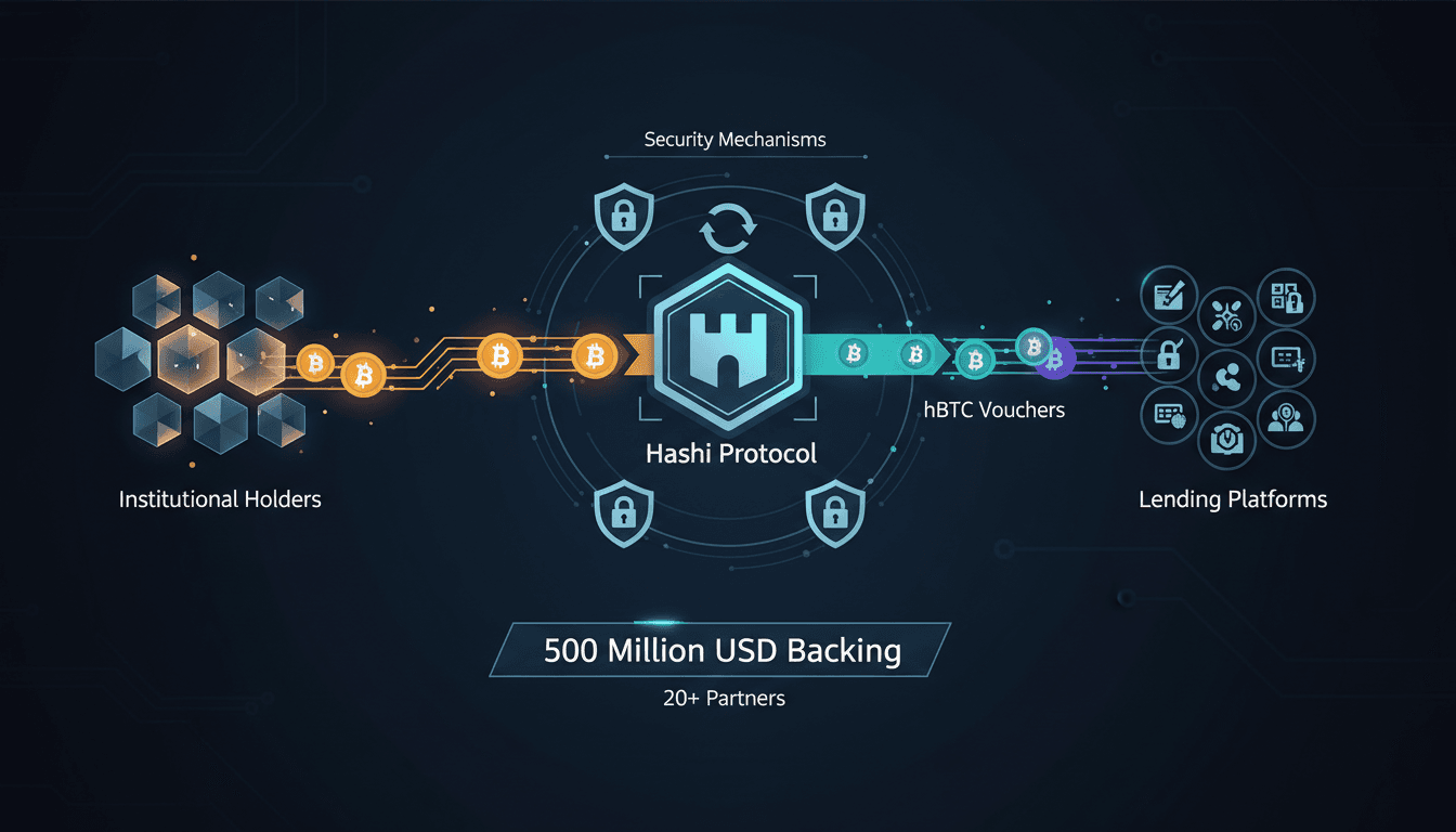 Infographic showing the flow of Bitcoin in Sui's Hashi Protocol for institutional lending.