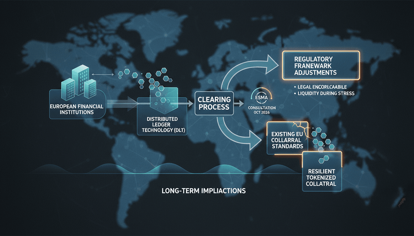 Infographic showing the flow of tokenized collateral in central clearing and its regulatory implications.