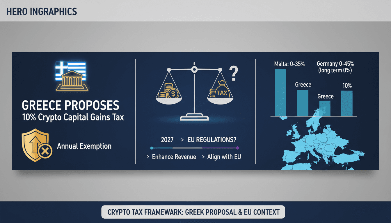 Infographic showing Greece's proposed 10% cryptocurrency capital gains tax framework and its implications.