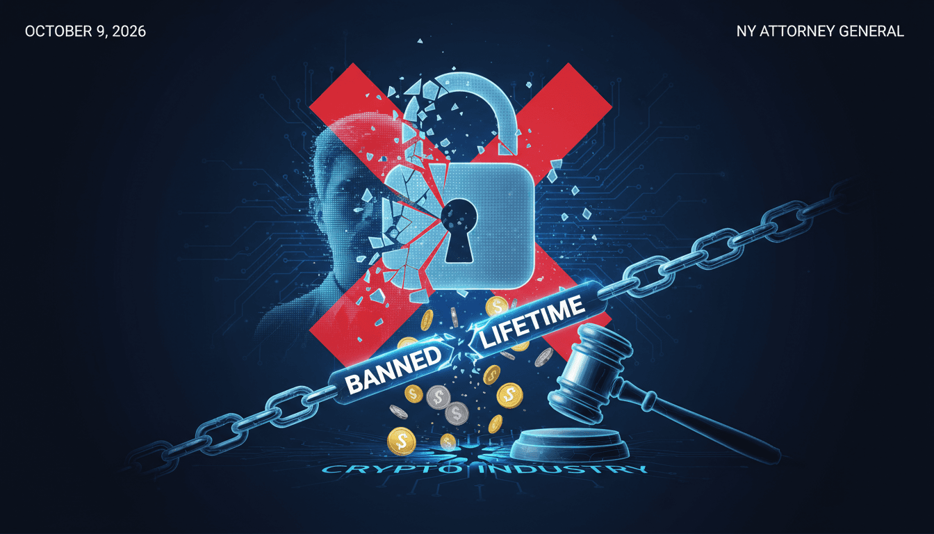 A graphic showing the lifetime ban and financial penalties against Alex Mashinsky, emphasizing the impact on the cryptocurrency industry.