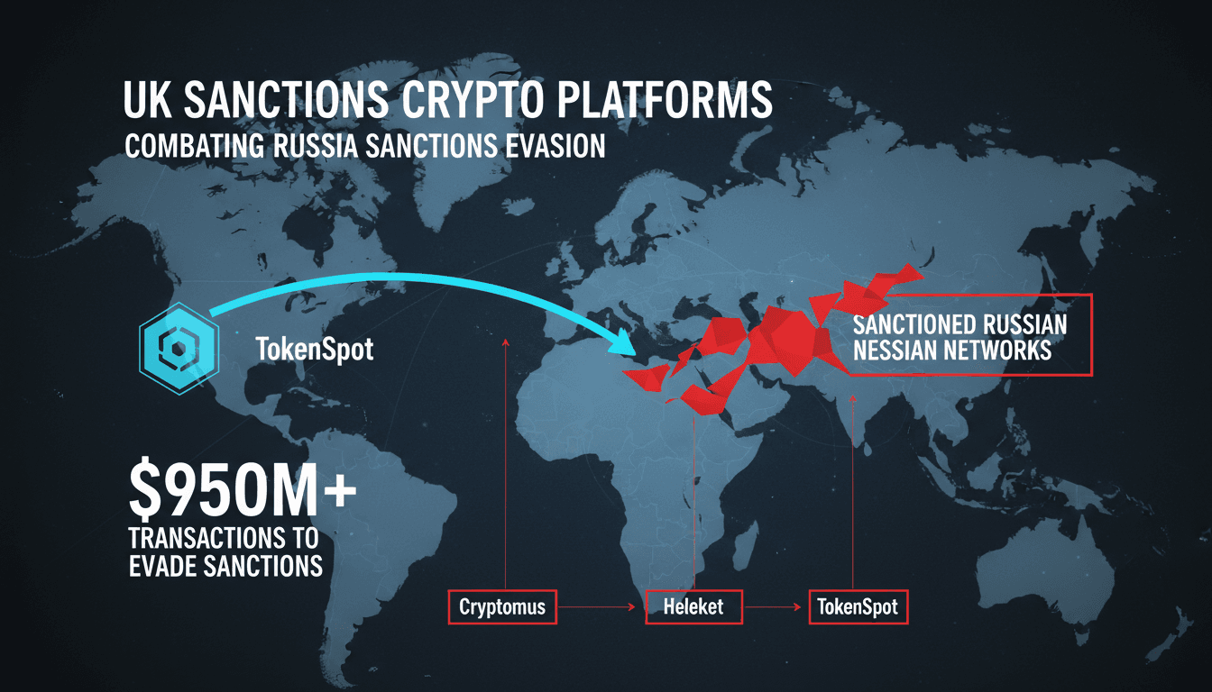 Infographic showing the flow of funds from TokenSpot to sanctioned entities, illustrating the scale of transactions involved.