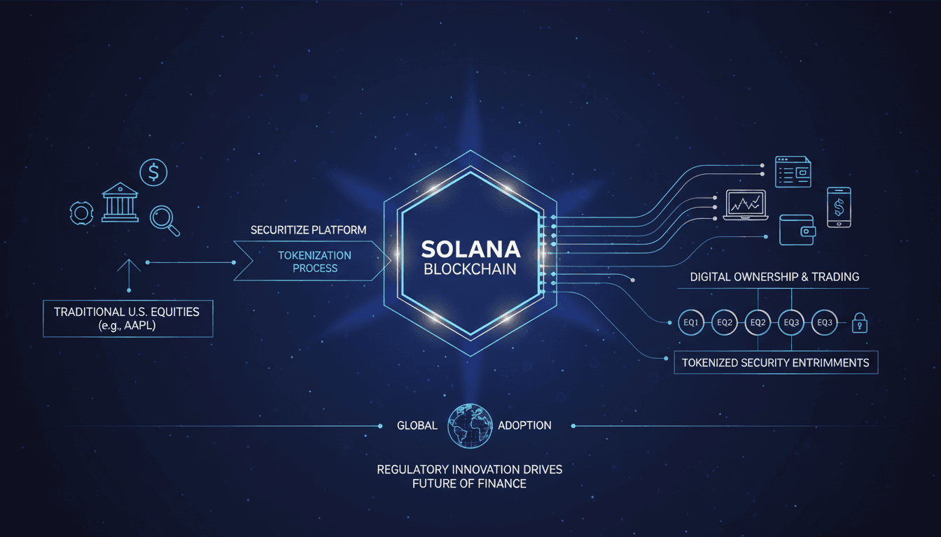 Infographic showing the process of trading tokenized Apple shares on the Solana blockchain.