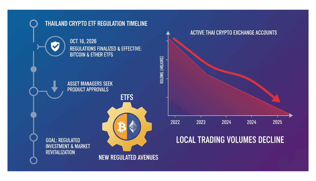 Infographic illustrating Thailand's new Bitcoin and Ether ETF regulations and the decline in active crypto exchange accounts.