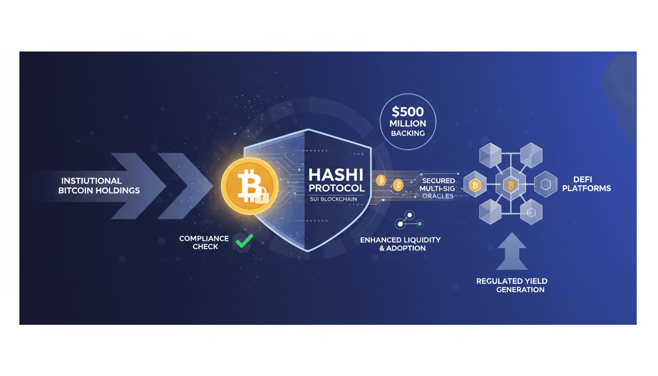 Infographic showing the flow of Bitcoin assets through Sui Blockchain's Hashi Protocol, emphasizing security and compliance features.