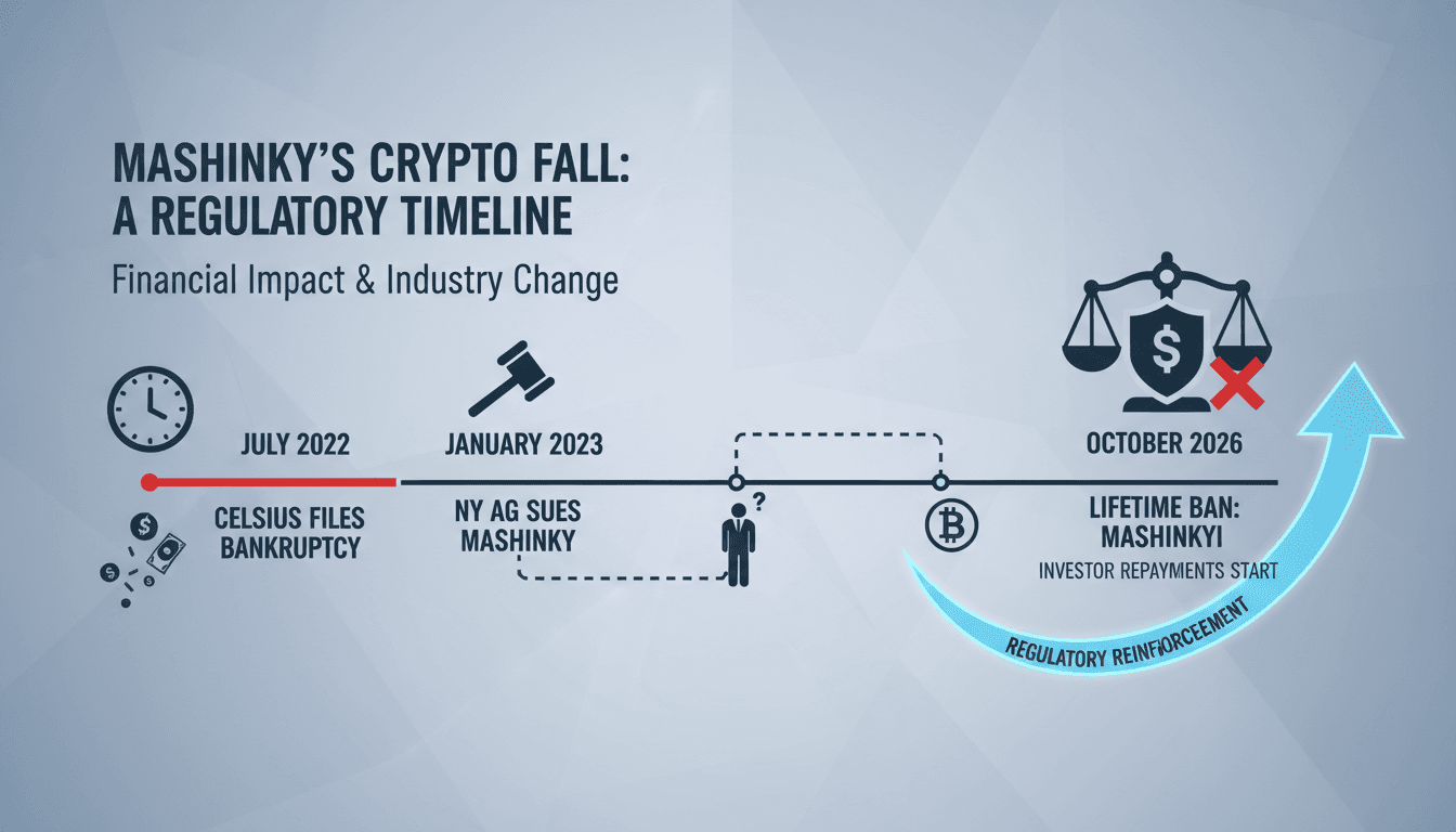 Infographic detailing the legal actions against Alex Mashinsky and the financial fallout for Celsius investors.