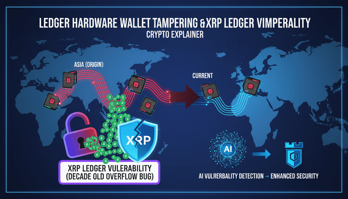 Infographic showing the impact of Ledger hardware tampering and XRP overflow vulnerability on cryptocurrency security.