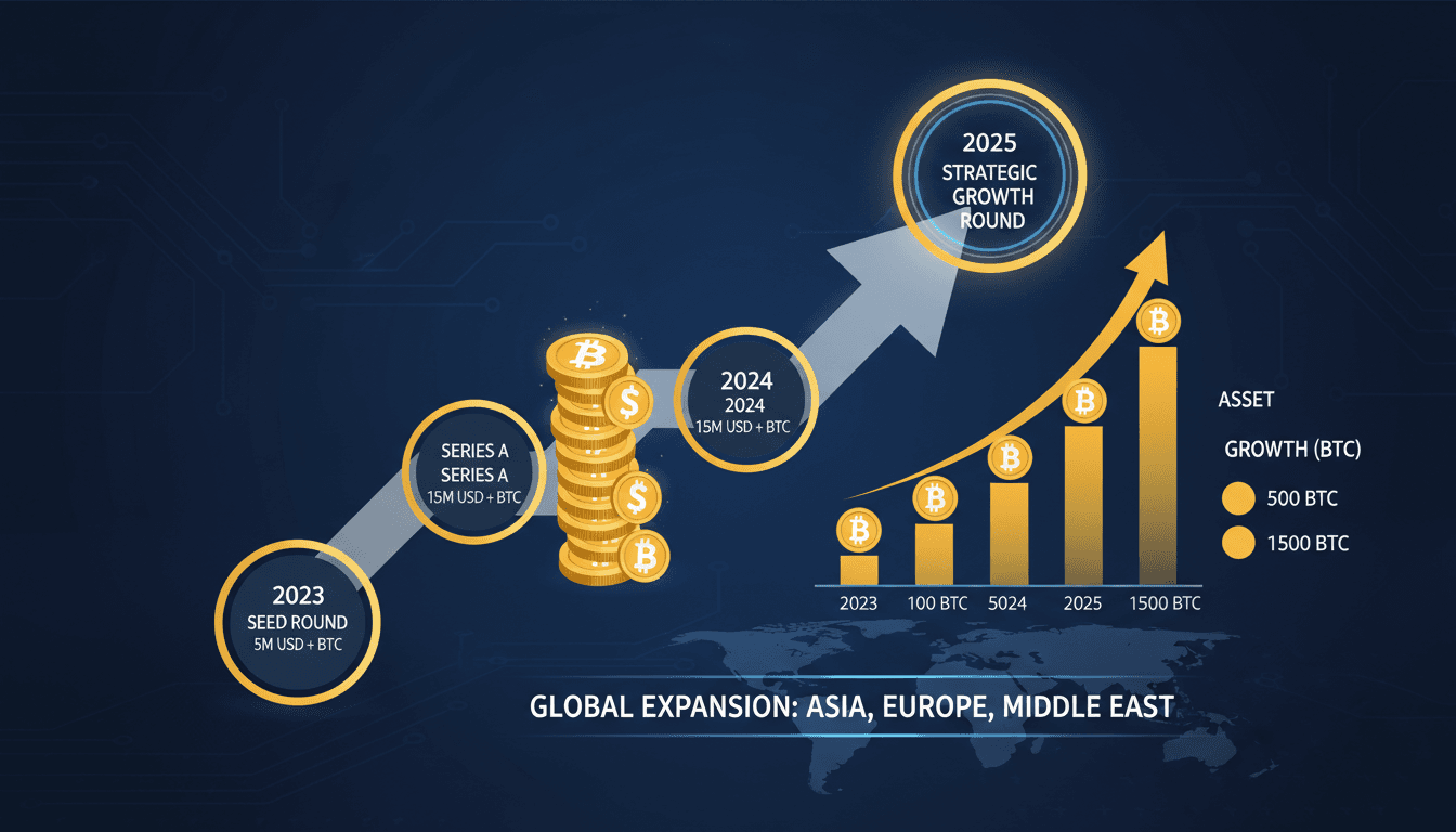 Infographic showing Meanwhile's funding growth and Bitcoin asset increase.