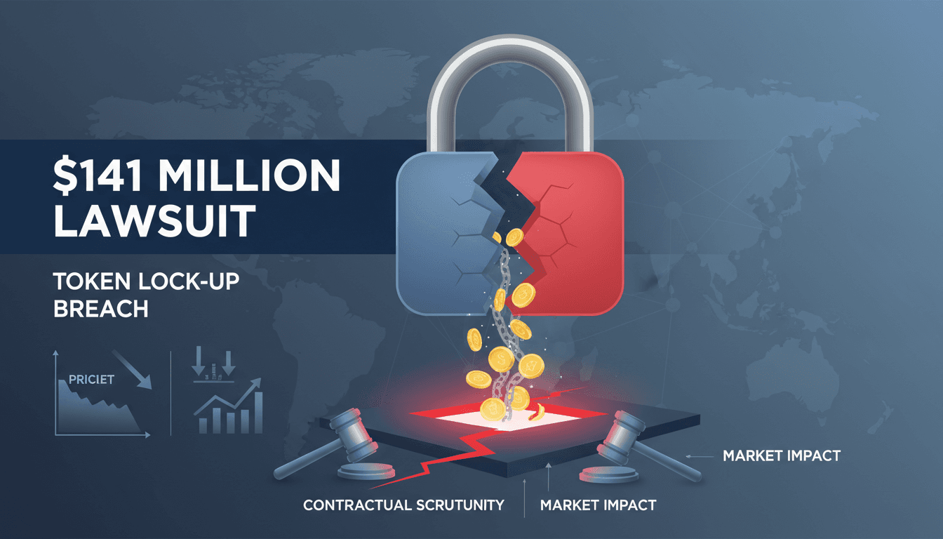 Infographic showing DWF Labs lawsuit against BitGo for $141 million over token lock-up breach.
