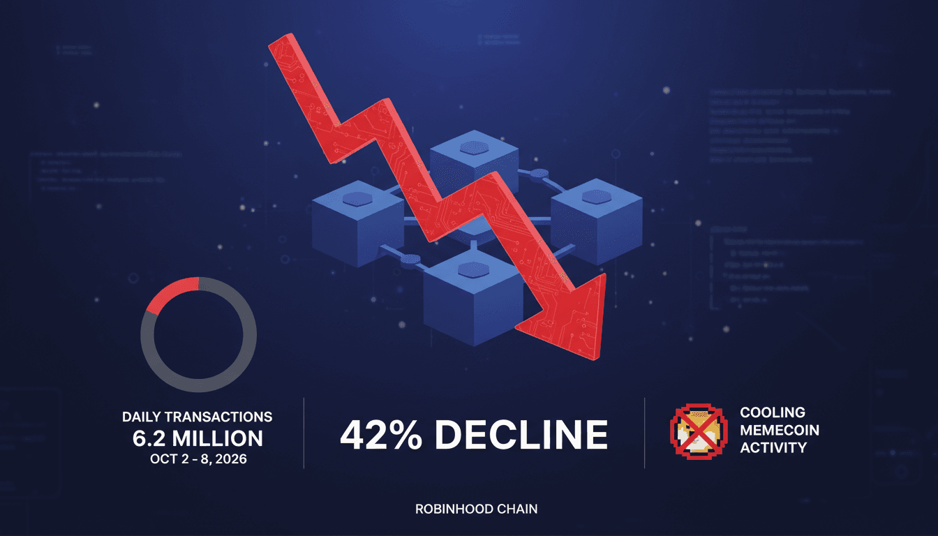 Infographic showing Robinhood Chain's 42% decline in daily transactions and key metrics.