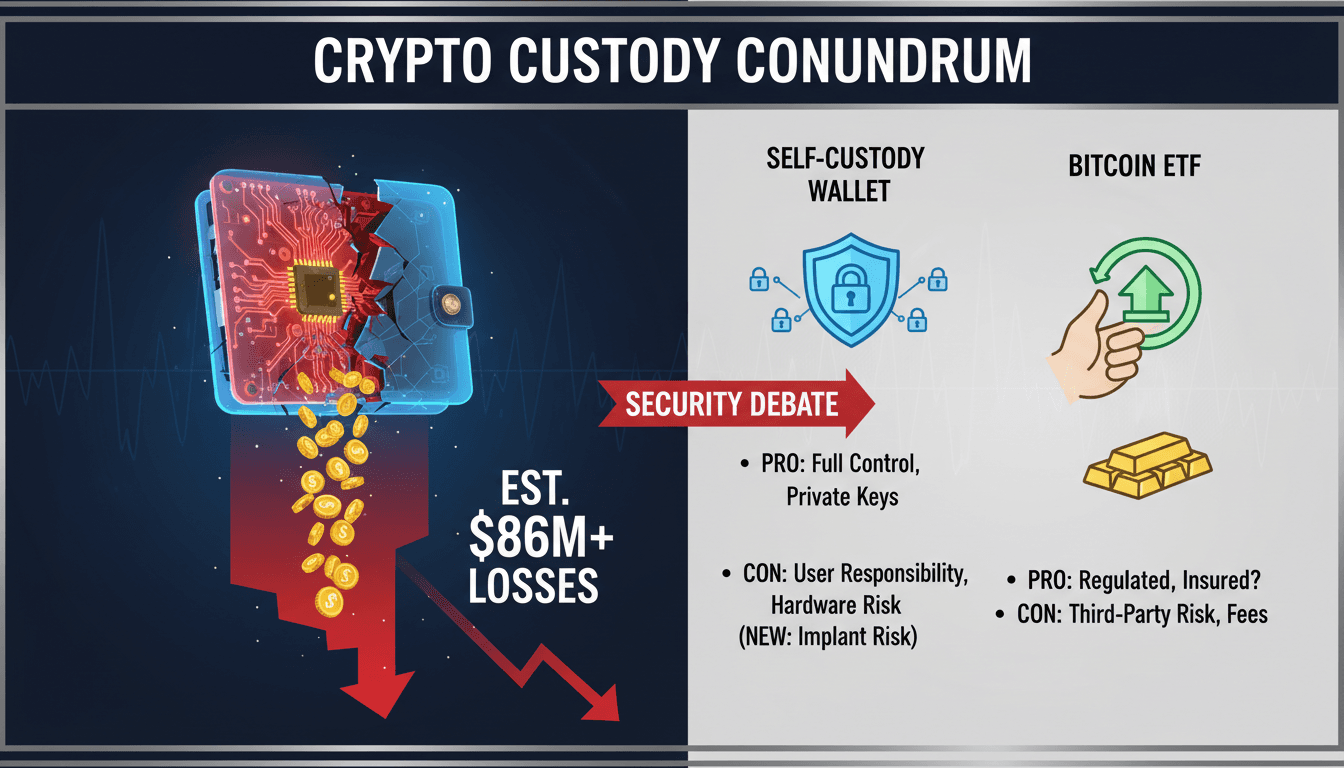 Infographic comparing Bitcoin ETF custody and self-custody wallets after the Ledger implant discovery.