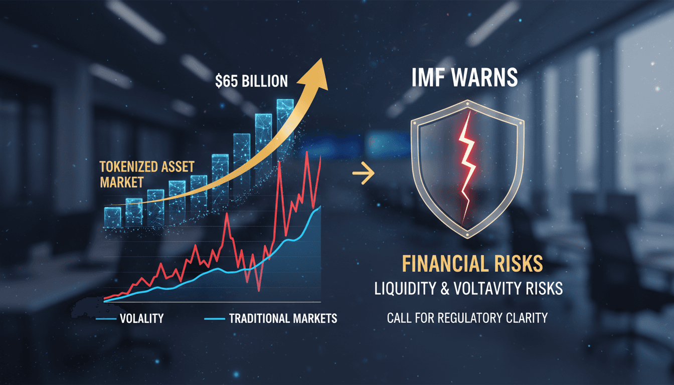 Infographic showing the growth and volatility of the $65 billion tokenized asset market compared to traditional markets.