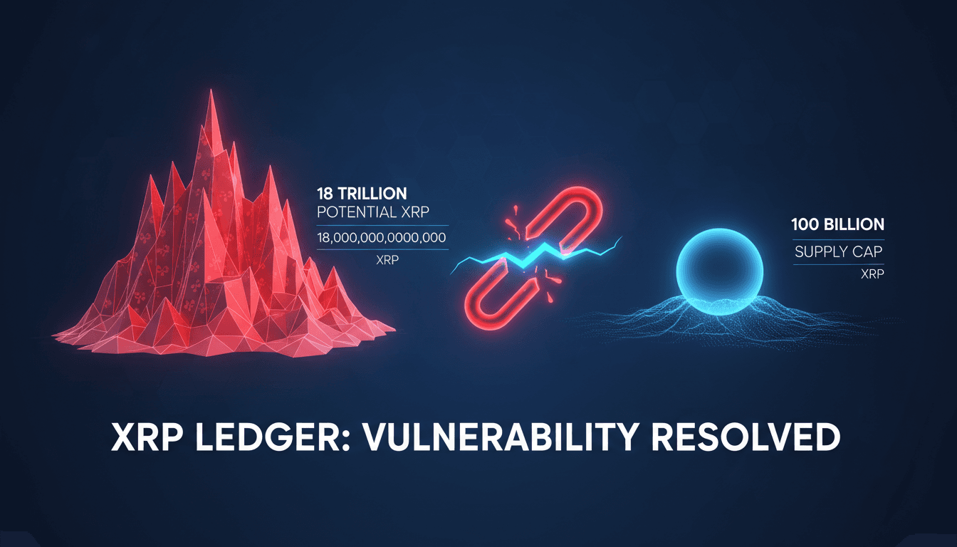 Infographic showing XRP Ledger's integer overflow vulnerability and the potential 18 trillion XRP creation risk.