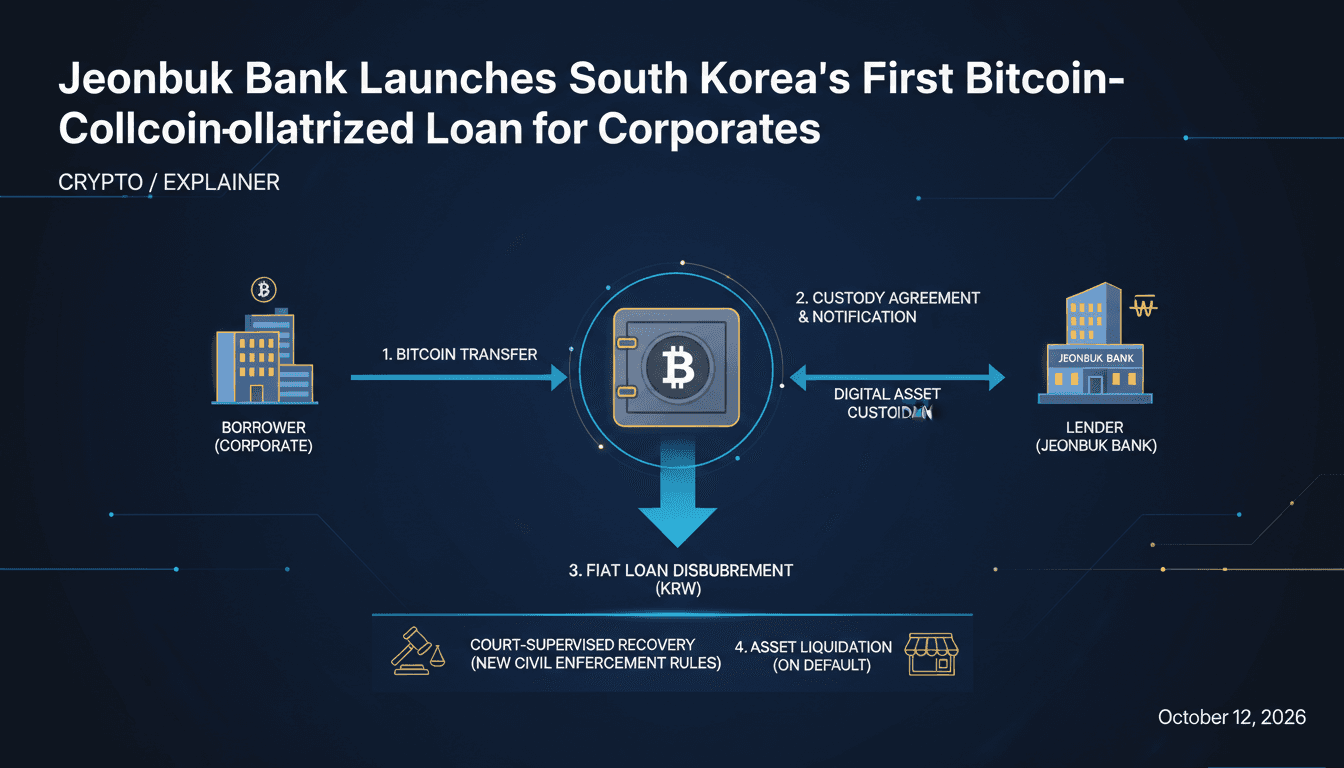Infographic showing the process of bitcoin-collateralized loans at Jeonbuk Bank in South Korea.