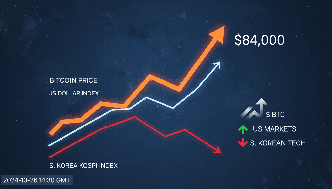 A visual representation of Bitcoin's price movement against the backdrop of US equity markets and South Korean tech stocks.
