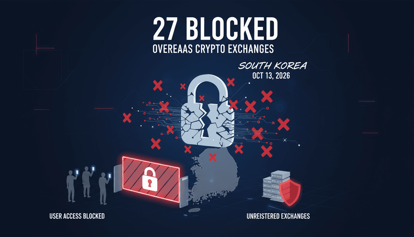 Infographic showing the impact of South Korea's website blocks on unregistered cryptocurrency exchanges.