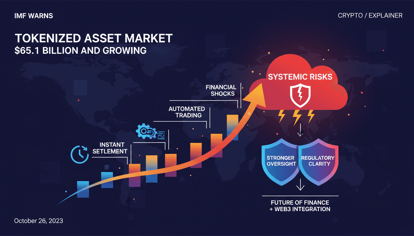 Infographic showing the growth and risks of the $65 billion tokenized asset market.
