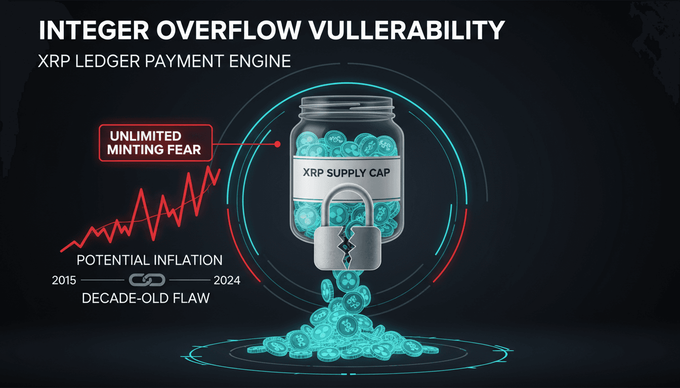 Infographic showing the impact of XRP Ledger's integer overflow vulnerability on the network's supply cap.