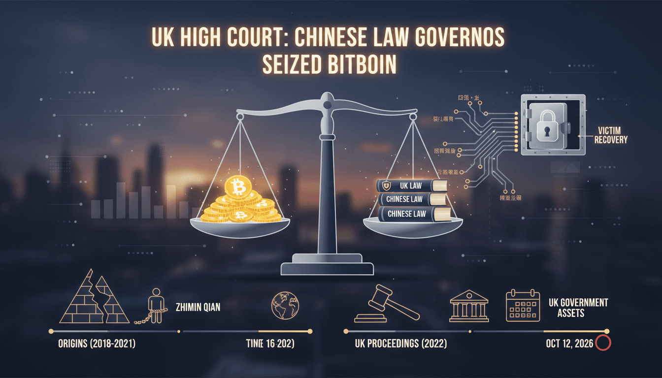 A visual representation of the UK High Court ruling on BTC claims under Chinese law, highlighting asset recovery implications.