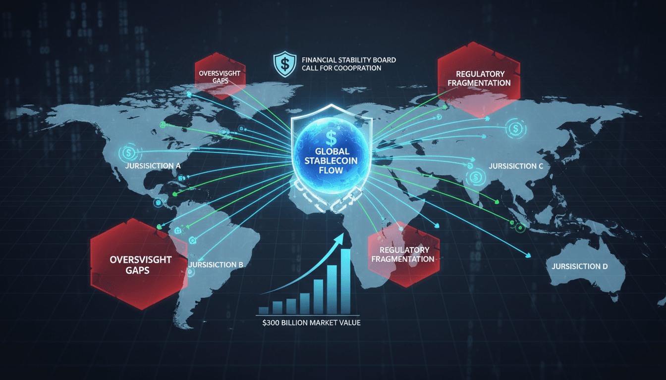 Infographic showing stablecoin flow across borders and associated risks.