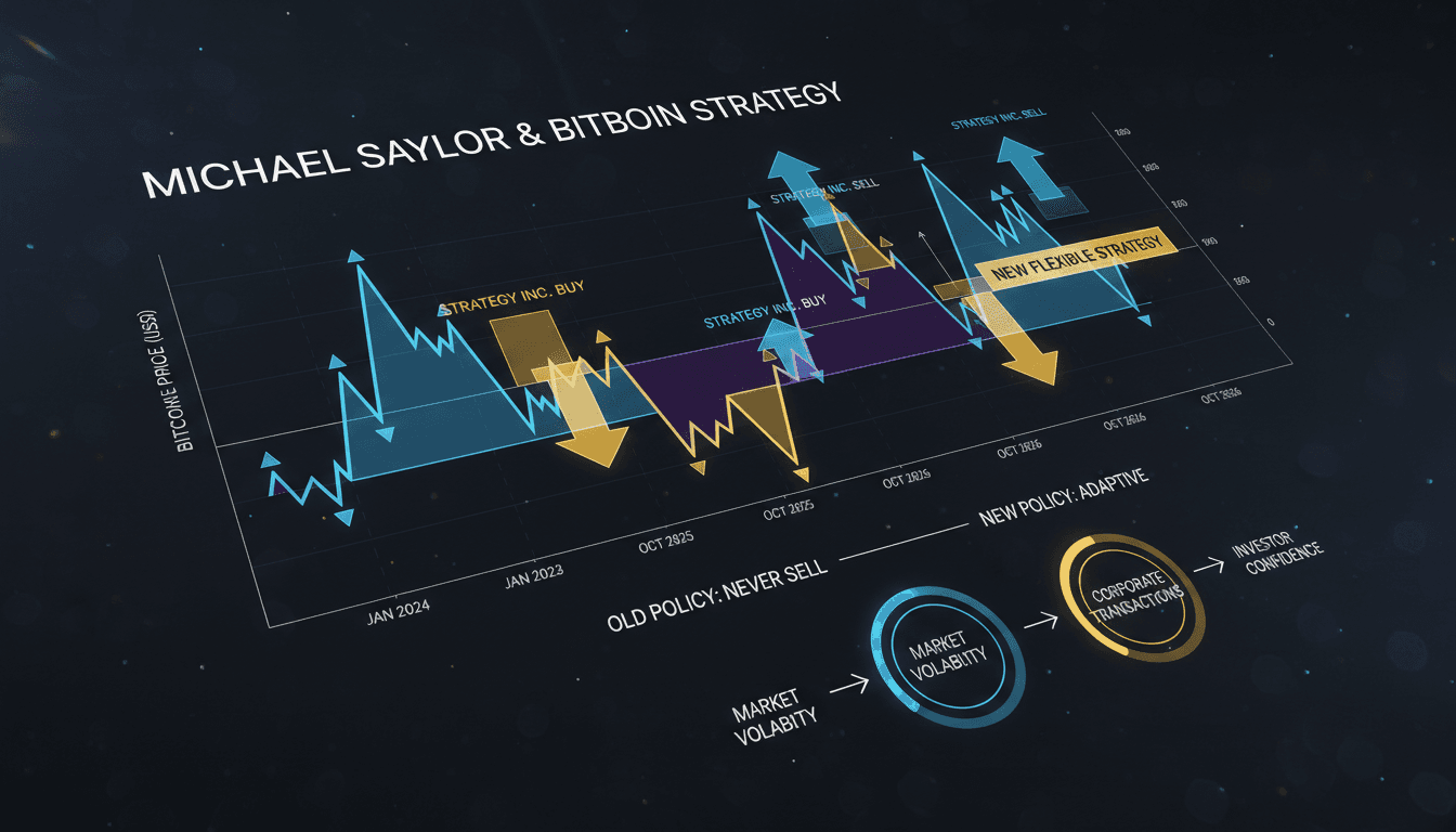 Michael Saylor discussing Bitcoin strategy during a Bloomberg interview, highlighting corporate treasury management.