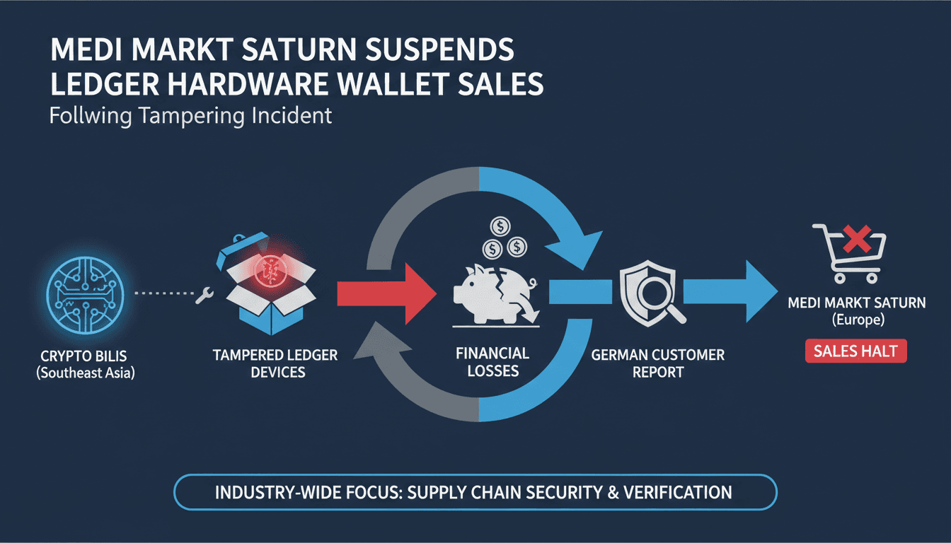 Infographic showing the Ledger hardware wallet tampering incident and its impact on sales and security.