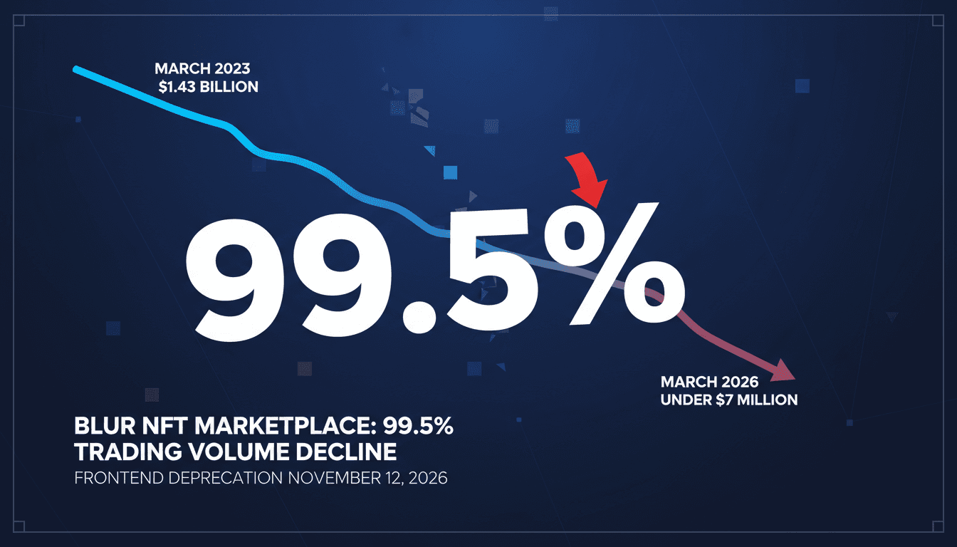 Infographic illustrating the 99.5% trading volume decline of Ethereum NFT marketplace Blur.
