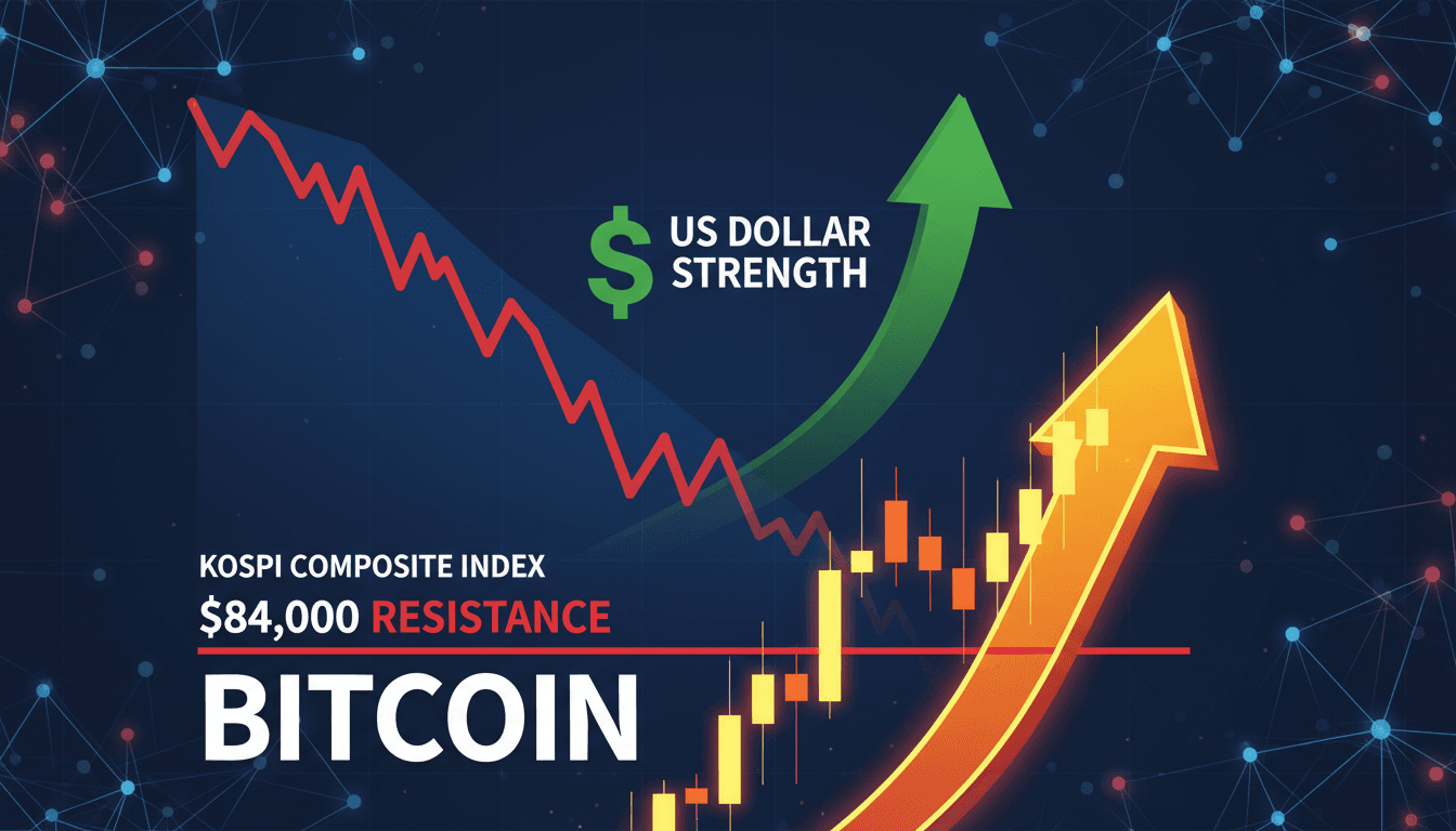 A visual representation of Bitcoin's price near $84,000 against the backdrop of South Korean tech market fluctuations.