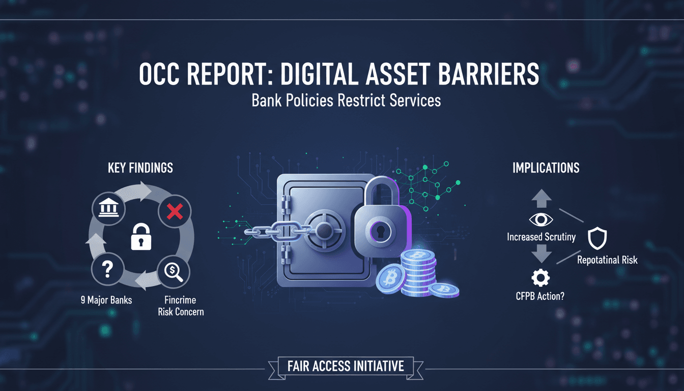 Infographic summarizing OCC report findings on banking restrictions for digital assets.