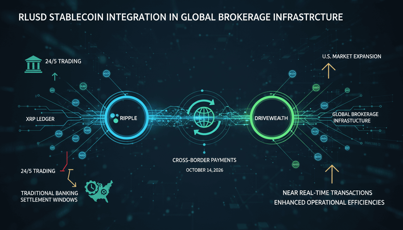 Infographic showing the integration of Ripple's RLUSD stablecoin in global brokerage infrastructure.