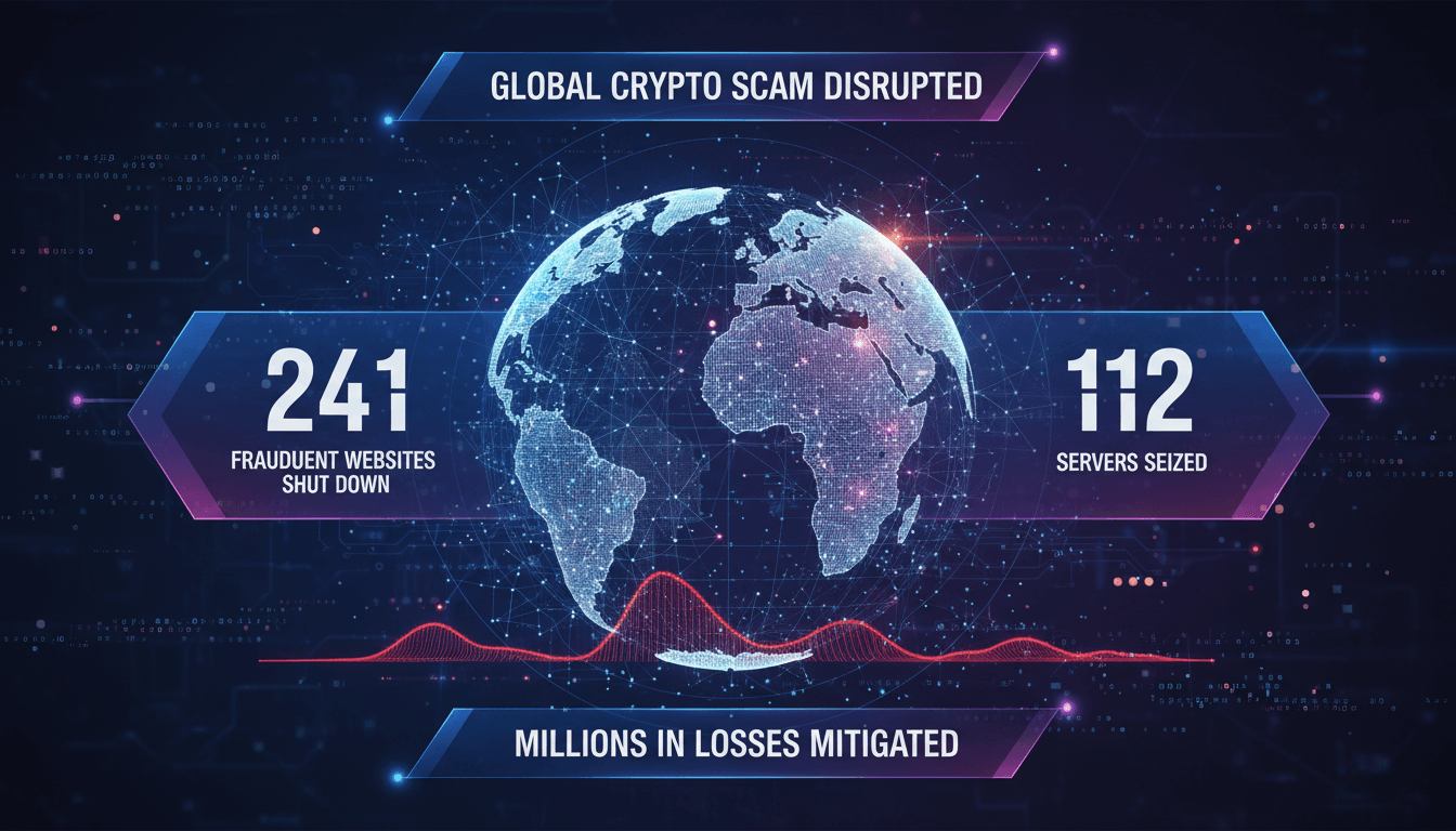 Infographic showing the disruption of 241 fraudulent cryptocurrency websites by the Brooklyn DA and FBI.