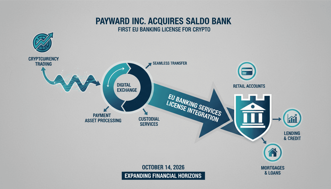 Infographic showing Payward's acquisition of Saldo Bank and its implications for crypto banking in the EU.