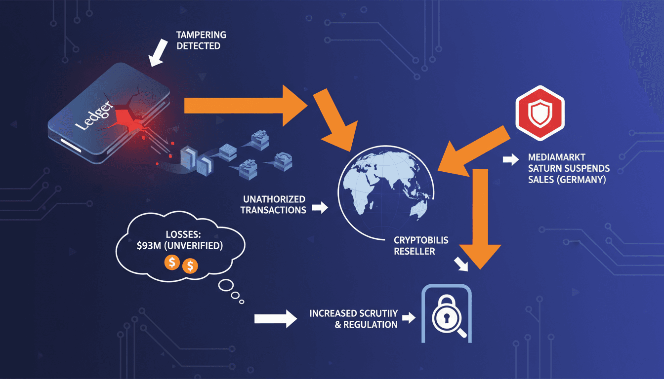 Infographic showing the Ledger wallet tampering incident and its impact on sales and security.