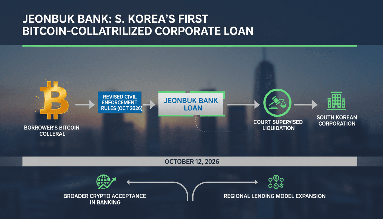 Infographic showing Jeonbuk Bank's bitcoin-collateralized loan process and key participants.