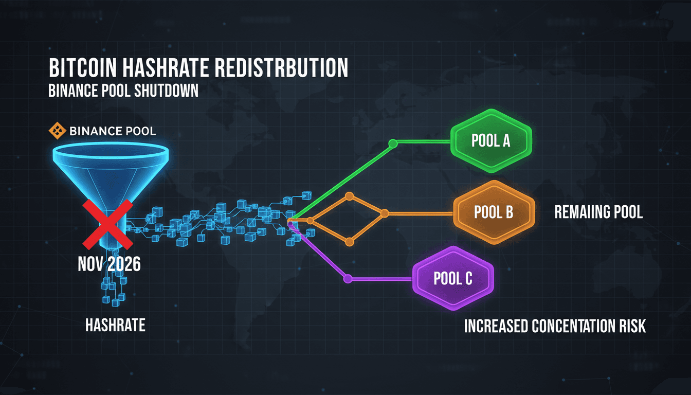 Infographic showing the impact of Binance Pool shutdown on Bitcoin miners and hashrate distribution.