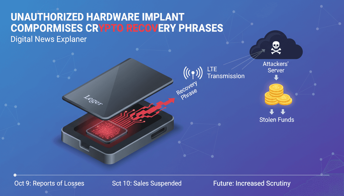 Infographic showing unauthorized hardware implant in Ledger signers capturing recovery phrases and transmitting data.