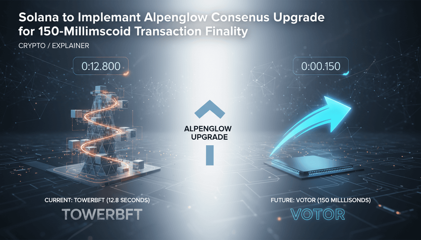 Infographic showing Solana's Alpenglow upgrade and its impact on transaction finality times.