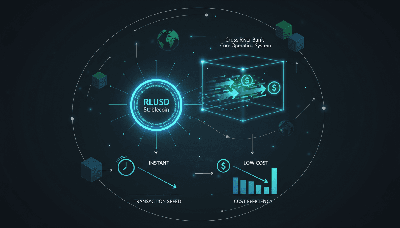 Infographic showing Ripple and Cross River Bank's RLUSD stablecoin integration into banking systems.