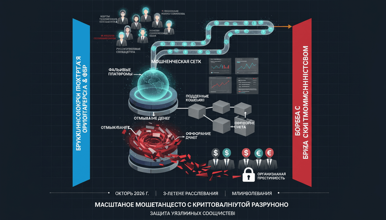 Infographic showing the flow of funds in cryptocurrency scams targeting Russian speakers.