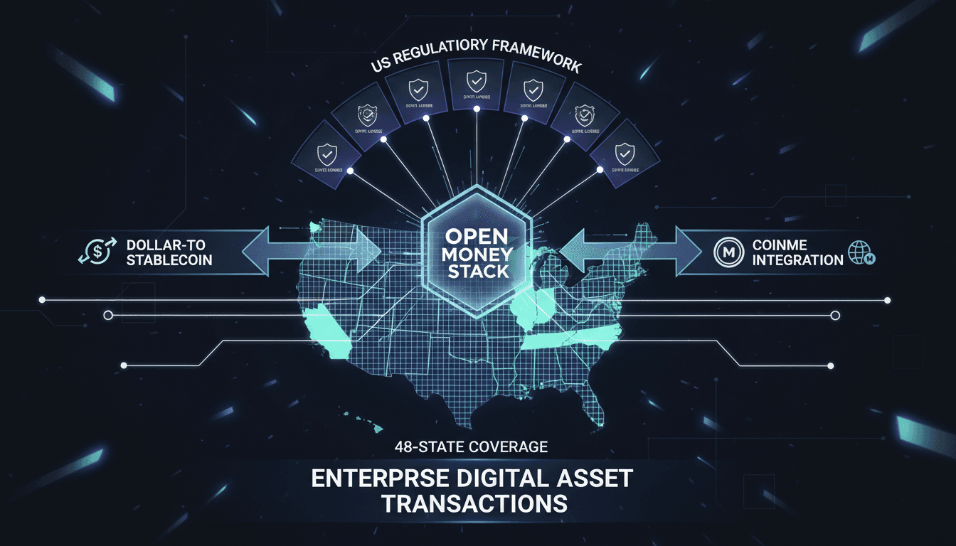 Infographic showing the regulatory landscape and transaction pathways enabled by Polygon's Open Money Stack.