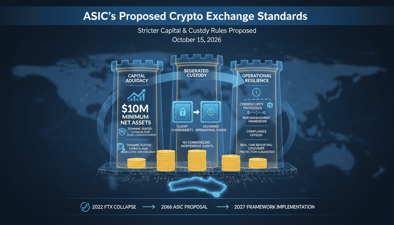 Infographic showing ASIC's new capital requirements for cryptocurrency exchanges in Australia.