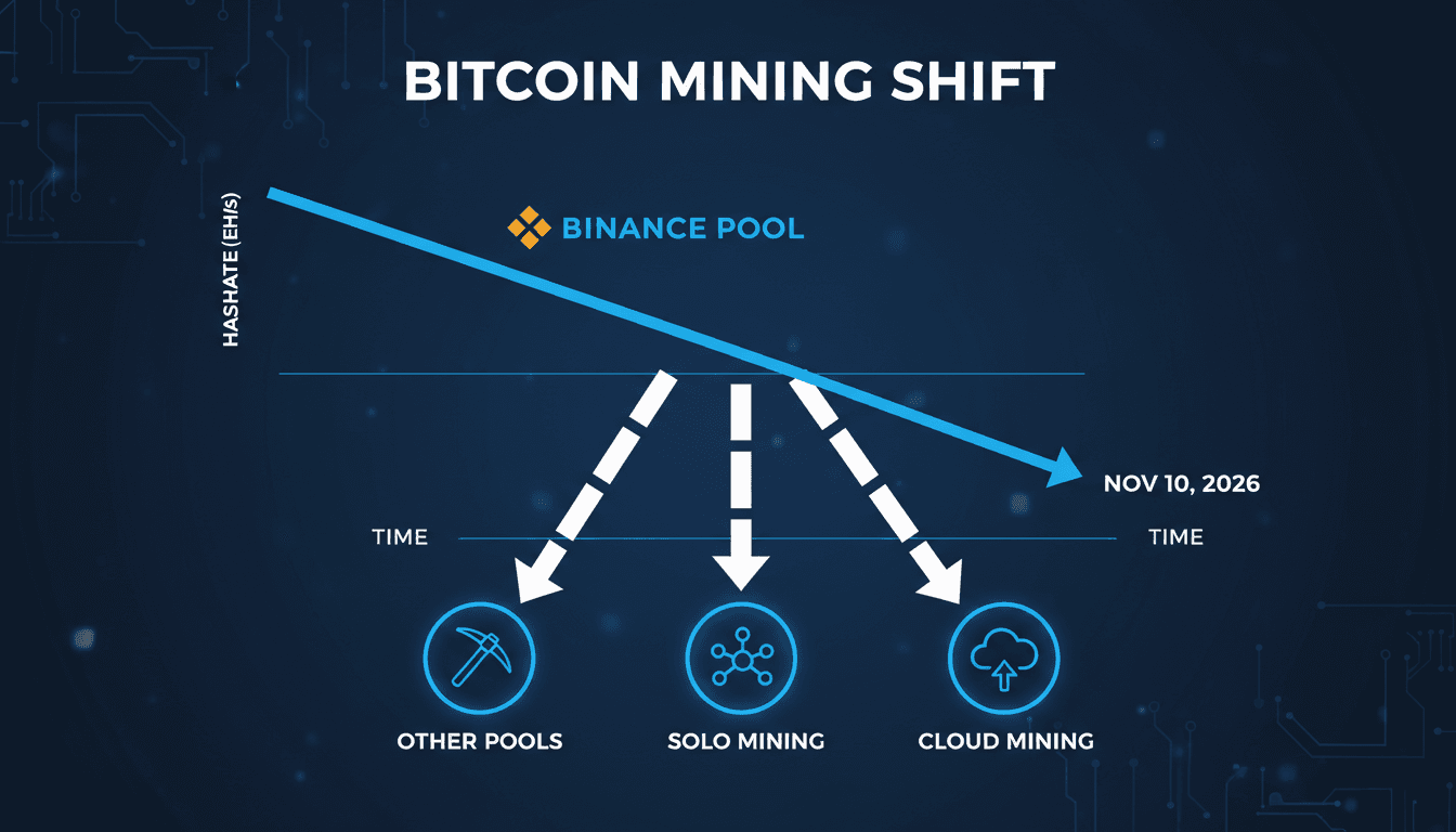 A graphic illustrating the closure of Binance Pool and its impact on Bitcoin mining operations.