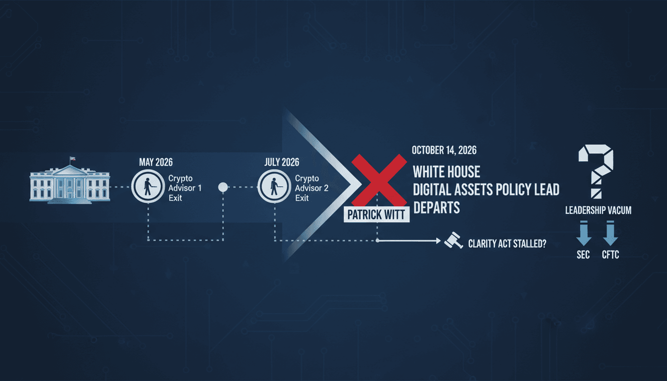 A graphic illustrating the vacancy in the White House crypto policy office following Patrick Witt's departure.