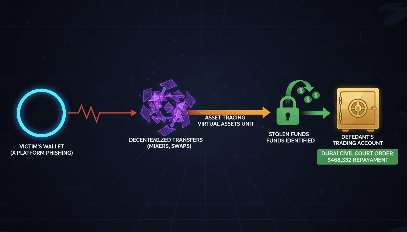Infographic showing the flow of stolen cryptocurrency in a Dubai phishing case.