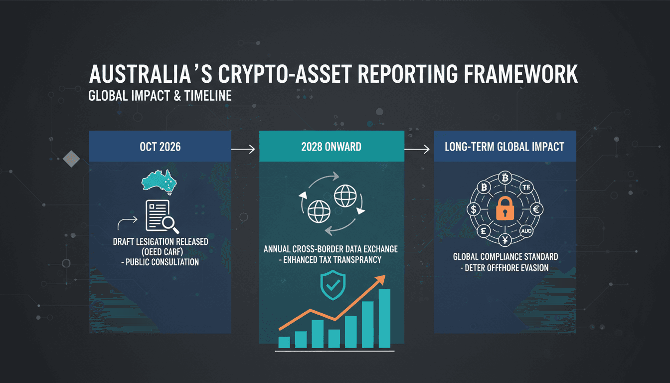 Infographic showing the timeline and impact of Australia's crypto-asset reporting framework.