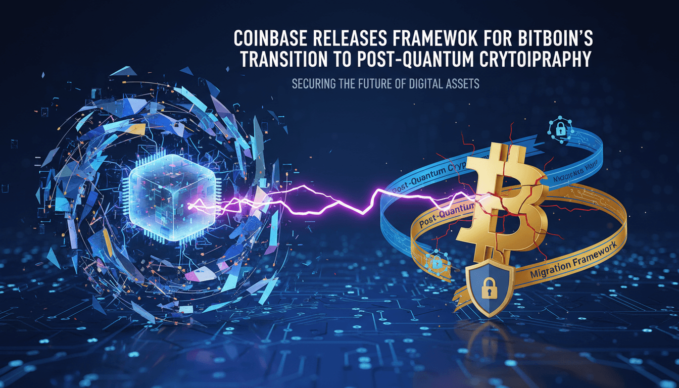 Infographic showing Coinbase's Bitcoin migration framework and quantum computing risks.