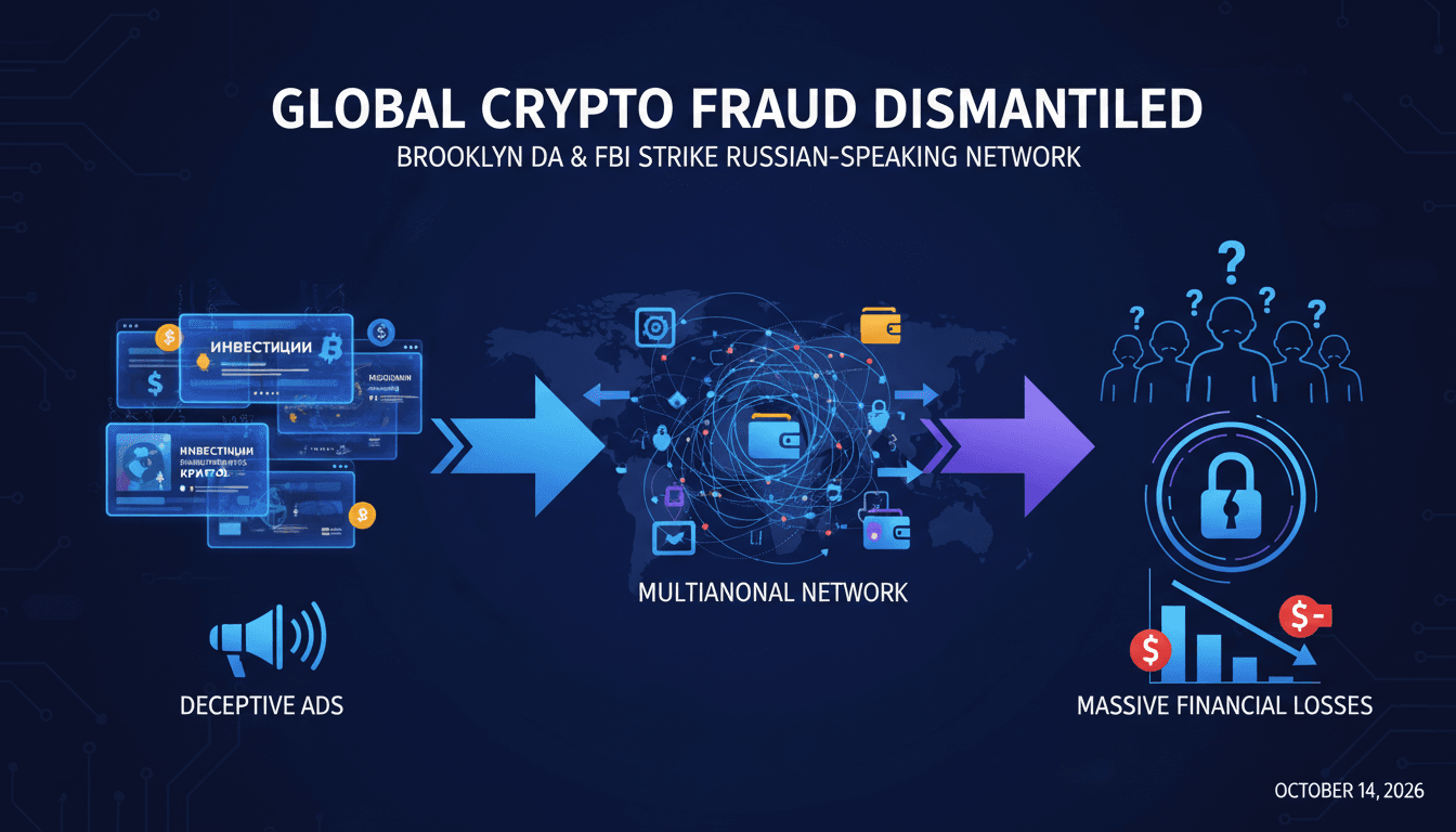 Infographic showing the flow of a cryptocurrency scam targeting Russian speakers, highlighting the scale of the operation.