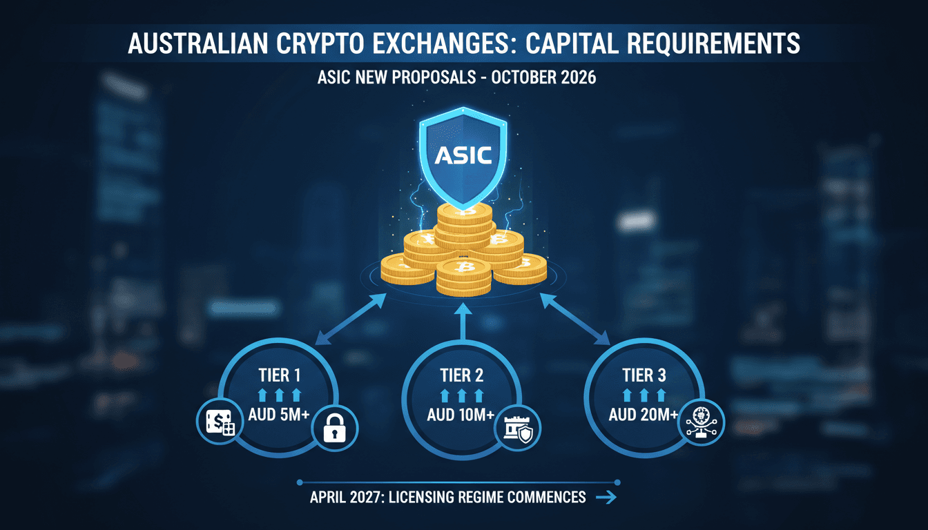 Infographic showing ASIC's proposed capital requirements for cryptocurrency exchanges in Australia.
