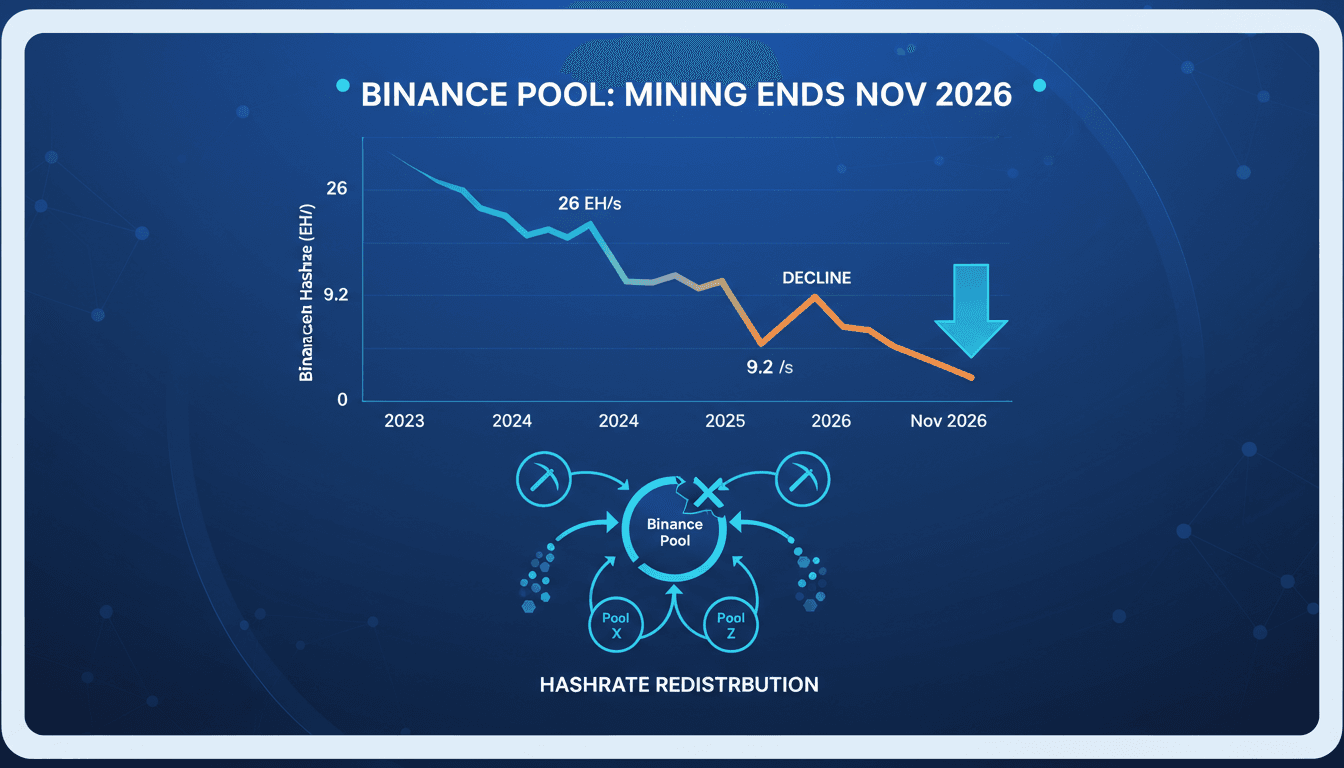 Infographic showing Binance Pool's hashrate decline and impact on Bitcoin mining landscape.
